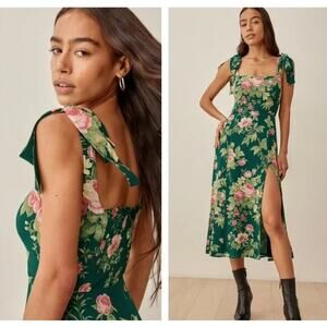 REFORMATION Twilight Tie Shoulder Midi Dress Floral Print Square Neck Side Slit